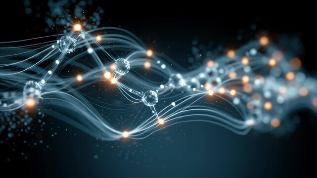 Abstract ATP molecule structure visualization with glowing energy nodes and flowing light trails