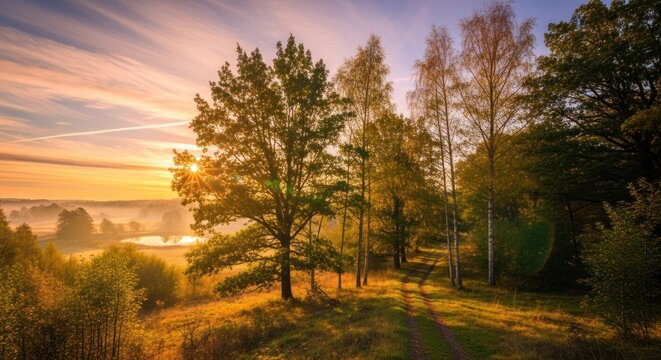 A serene autumnal landscape with a dirt path winding through a forest, a sun setting behind the trees, and a misty horizon.