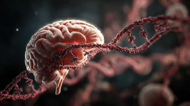 Human brain with detailed folds and convolutions surrounded by vibrant dna double helix strands symbolizing neural and genetic connection, rendered with high-resolution realistic