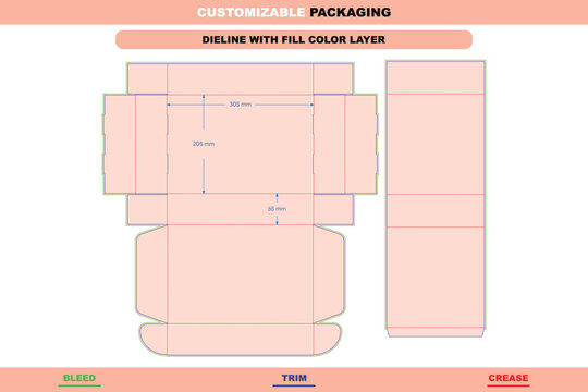 Customizable packaging dieline template for a mailer box with a sleeve, featuring a tuck front opening, folding structure, and labeled dimensions in millimeters