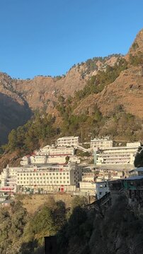 Architecture view footage of building of mata vaishno devi temple in day light. Holy shrine of goddess vaishno mata.