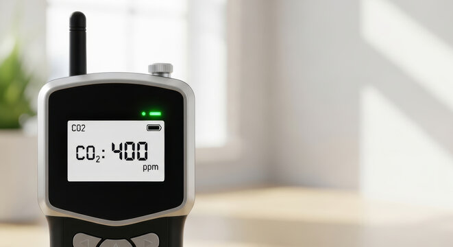 CO2 monitor device showing 400 ppm in bright room with environmental regulations helping business maintain air quality standards