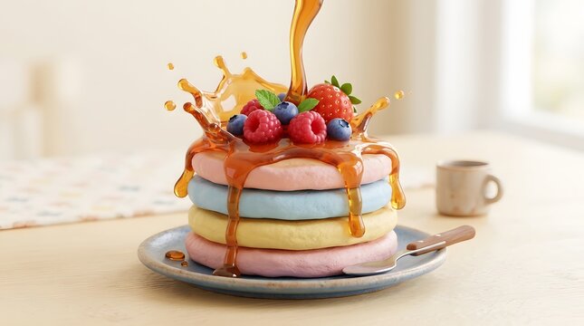 Cute 3D pastel pancakes with syrup splash and berries