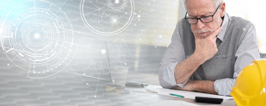 Architect thinking about a project; panoramic banner