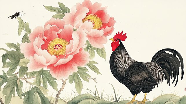 Traditional Chinese ink wash black rooster red comb wattle standing green grass bottom right above two large pink peony flowers yellow centers one fully open one bud on branch with green leaves small 