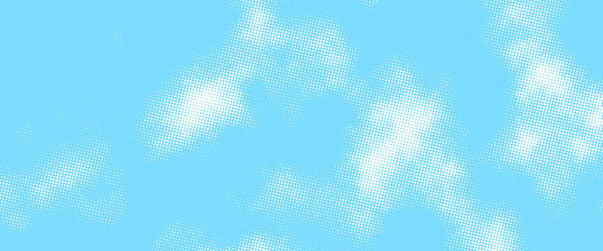 Abstract blue sky backdrop featuring rasterized white cloud halftone texture and retro comic-style atmosphere for advertising, collage, and print design.
