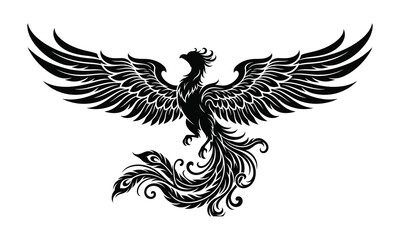 Fototapeta premium Phoenix, bird, silhouette, vector, illustration, tribal, tattoo, design, mythical, flying, majestic, spread, wings, firebird, black, isolated, white, rebirth, fantasy, logo