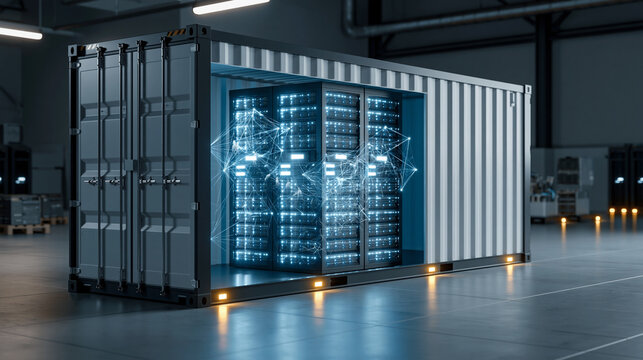 Modular Edge Data Center Container With Server Racks, Glowing Network Connections And Cloud Computing Infrastructure