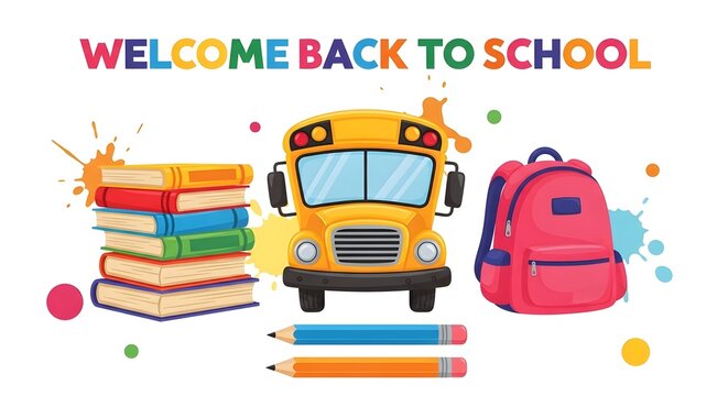Welcome back to school banner with school bus, books, backpack and pencils