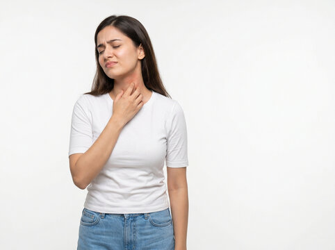 young indian woman scratching irritated neck skin for allergy eczema dermatitis rash and skincare healthcare concept