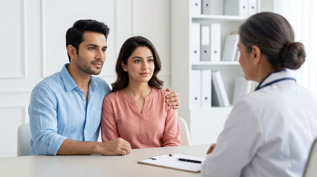 premium fertility clinic consultation with indian couple and experienced female doctor for reproductive healthcare and baby planning concept
