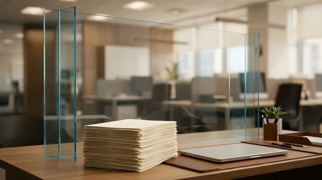 A stack of papers sits on a desk in a modern office space with glass partitions and computers.