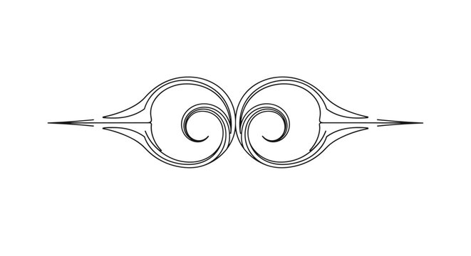 Symmetrical black and white ornament featuring two large inward spirals and sharp outer points for graphic design use.