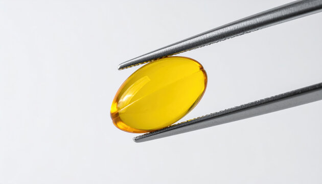 Capsule supplement tweezers macro yellow oil isolated biohacking trends Closeup tweezers holding yellow oil capsule white background