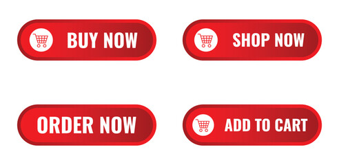 Fototapeta premium Set of four red rounded web buttons with shopping cart icons and text for buy now shop now order now and add to cart
