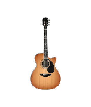 Acoustic guitar with a natural wood finish and black pickguard