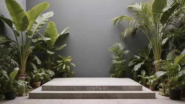 Minimalist Outdoor Stage with Tropical Plants Against Gray Wall