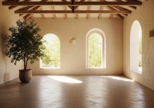 Minimalist mediterranean interior with arched windows and wooden ceiling beams