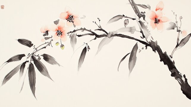 Chinese ink painting off white two orchid clusters long dark green leaves slender stems light green red tipped buds open blossoms black centers minimalist delicate brushwork sumi e