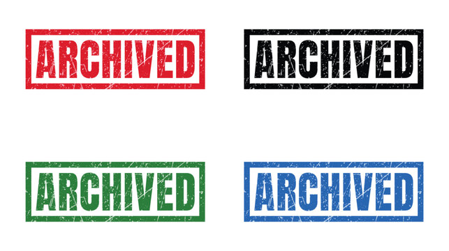 Set of four rectangular grunge rubber stamps with the word archived in red black green and blue colors for documents