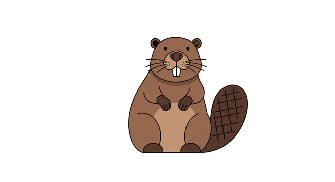 Cute brown beaver illustration with a large flat tail and sharp front teeth stands against a plain white background in a simple flat style.