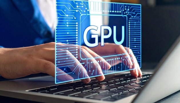 Person typing laptop with GPU circuit hologram overlay