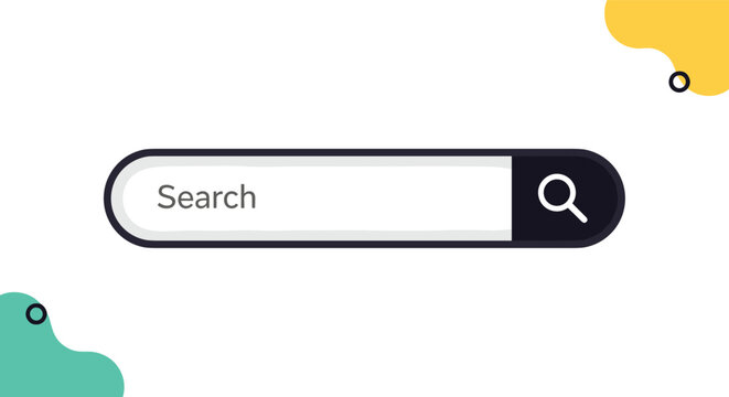 Simple search bar icon placed on an abstract background with colorful shapes designed for internet browser interfaces and web navigation.