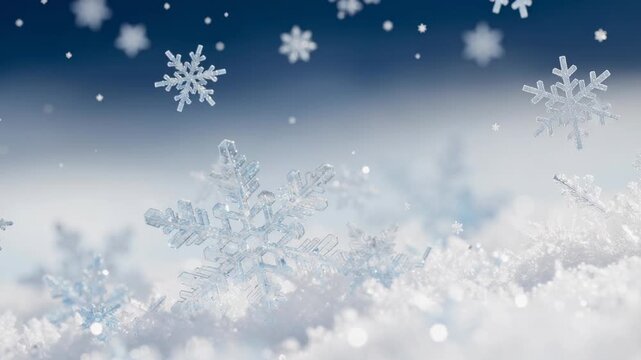 Close up of delicate snowflakes on winter snow with soft blue background and sparkling ice crystals