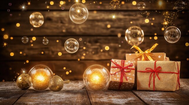 orbs. Festive glowing orbs and wrapped gifts with golden bubbles, creating a warm celebratory ambiance. lifestyle magazines.
