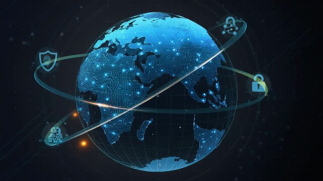 Digital globe with glowing cybersecurity icons orbiting around global network protection concept