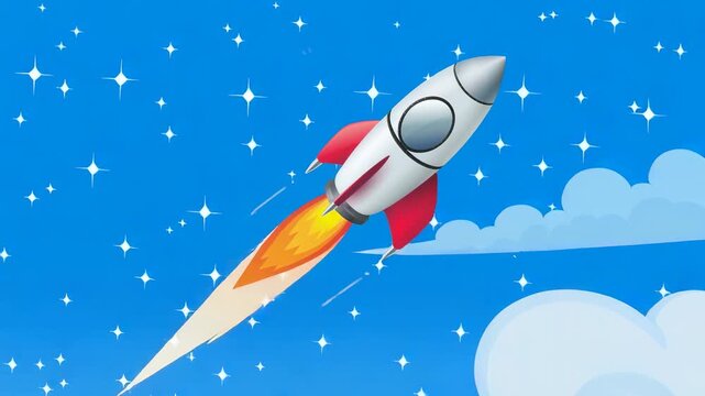 Cartoon rocket flying through starry sky with clouds on bright blue background