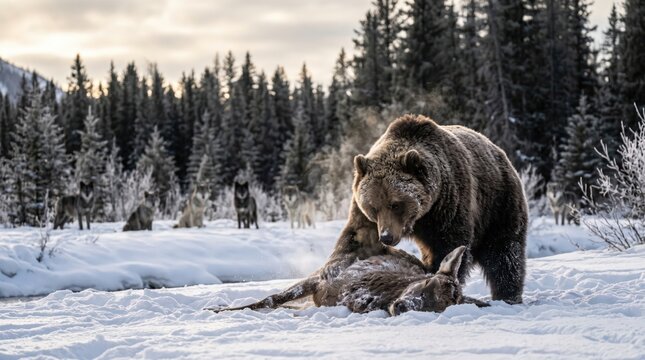 Grizzly Bear Guarding Deer Kill from a Wolf Pack in Winter Forest