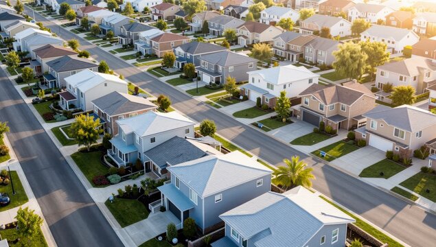 Aerial view of suburban neighborhood with rows of detached houses during sunset casting long shadows across quiet residential streets in peaceful North American community
