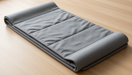 Obraz premium Folded gray synthetic material with quilted texture placed on light wooden surface representing high quality textile for industrial manufacturing and modern furniture design