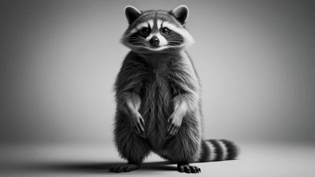 Cute happy raccoon standing on gray background with smiling face and fluffy fur