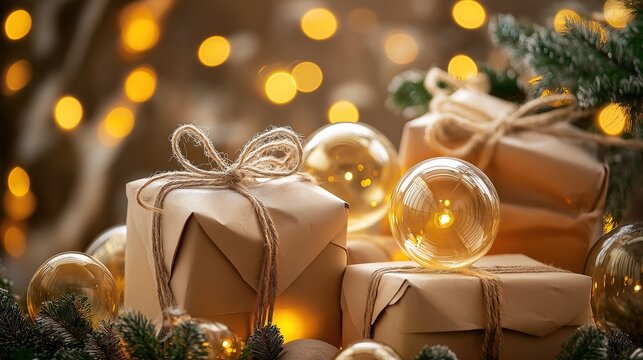 orbs. Festive glowing orbs and wrapped gifts with golden bubbles, creating a warm celebratory ambiance. lifestyle magazines.