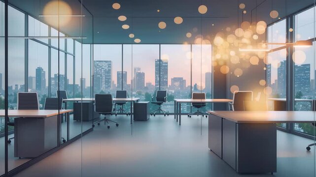 Modern empty office space with city view large windows and sleek furniture in bright professional environment