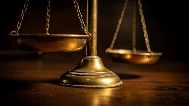 Close up of vintage balance scales on wooden surface symbolizing justice and fairness concept