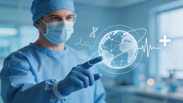 Surgeon in scrubs touching holographic earth globe, global healthcare concept with DNA and heartbeat icons, advanced medical technology, futuristic hospital environment, digital