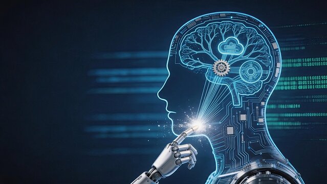 Cyborg head with circuit board pattern and glowing brain, artificial intelligence and machine learning concept, future technology and robotics innovation with neural network