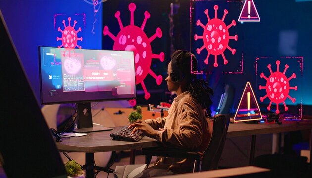Person at desk with computer showing digital virus threat graphics