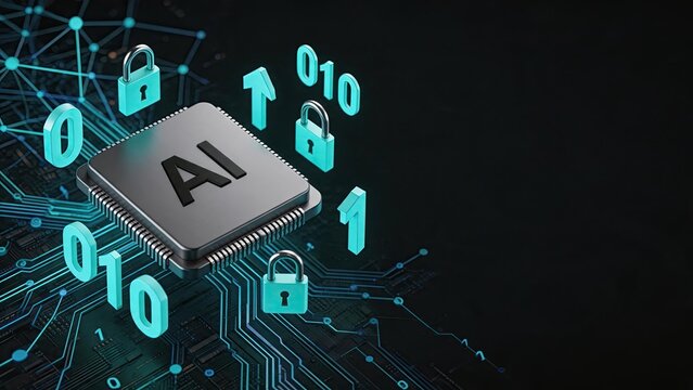 AI processor chip with security padlocks and binary code, cybersecurity protection, data encryption technology, digital safety network, computer hardware concept, dark background