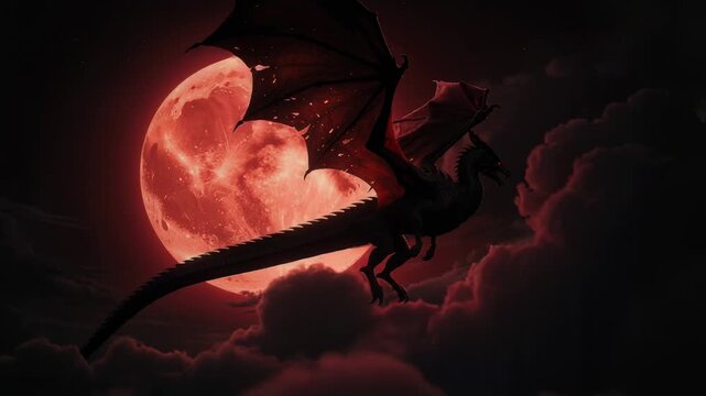 Majestic dragon silhouette flying in front of glowing red full moon with dark clouds in night sky