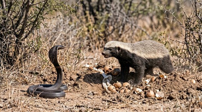 Honey Badger Facing Off Against a Cobra over a Nest of Eggs in the African Savanna