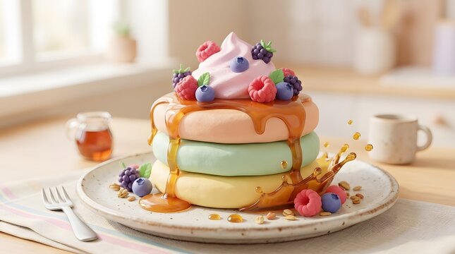 Cute 3D pastel pancakes with syrup splash and berries