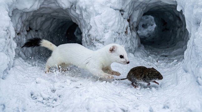 Dramatic wildlife action photograph of a white ermine (stoat) in its winter coat chasing a vole through a network of snow tunnels.