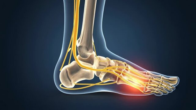 Detailed medical illustration of human foot anatomy showing bones and nerves with highlighted pain area