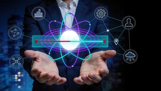 Businessman holding glowing atom model with orbiting electrons, nuclear energy concept, scientific research illustration, connected icons for cloud computing and analytics,