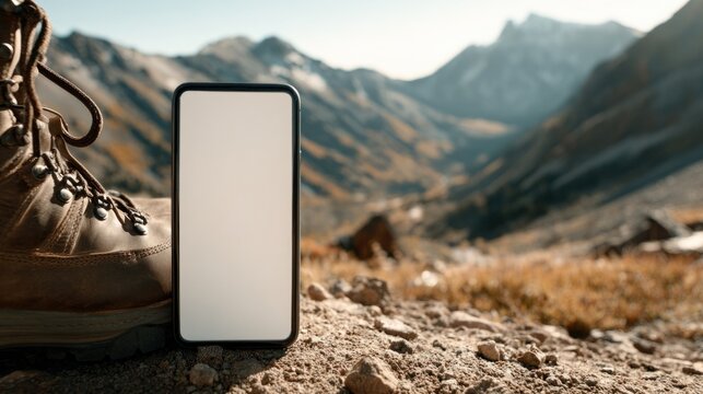 Modern smartphone with a sleek slim design featuring a white blank screen, placed on rocky terrain amidst a mountainous outdoor landscape