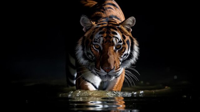Close up of a Bengal tiger walking through water at night with intense focus in dark wildlife setting